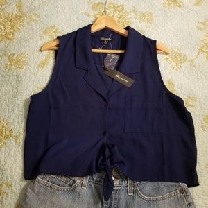 Navy tie front button down sleeveless top